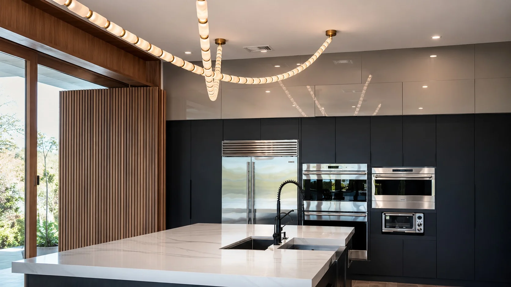 Modern finished kitchen with dark cabinetry, stainless steel appliances, a white island, and wood wall details